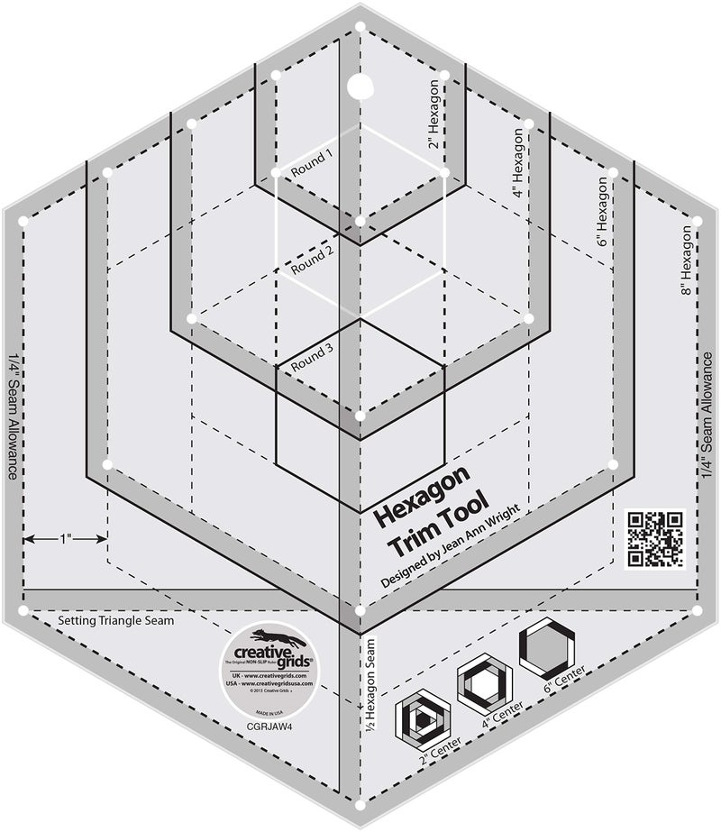 Creative Grids Hexagon Trim Tool Quilt Ruler â€“ CGRJAW4 â€“ Made in USA, 8-1/2in x 9-3/4in, Non-Slip Grip Acrylic Quilting, Sewing, Crafting, Patchwork Ruler & Template